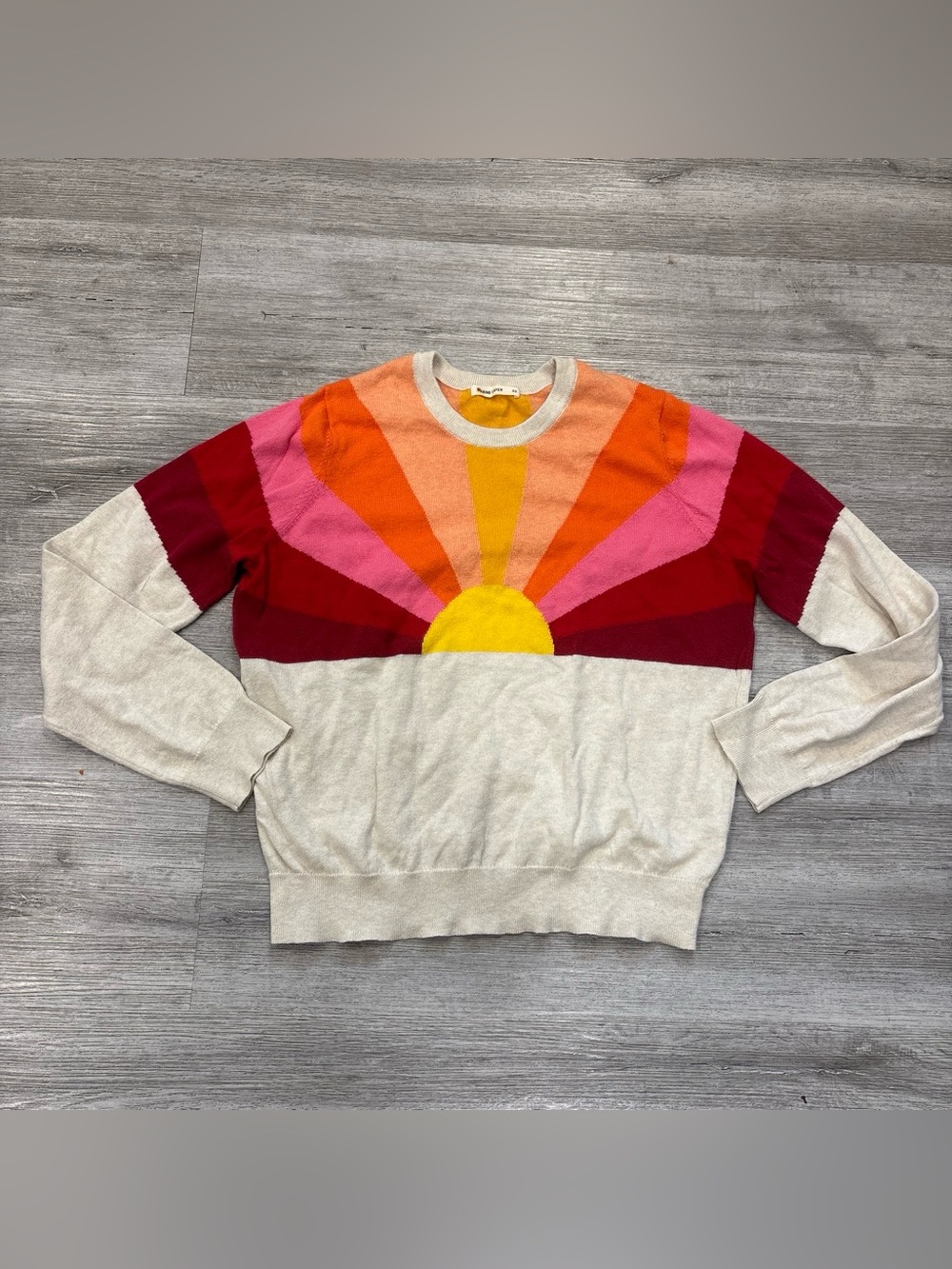 Marine Layer Cream Crewneck Sweater with Yellow, Orange, Pink & Red Sunrise xs